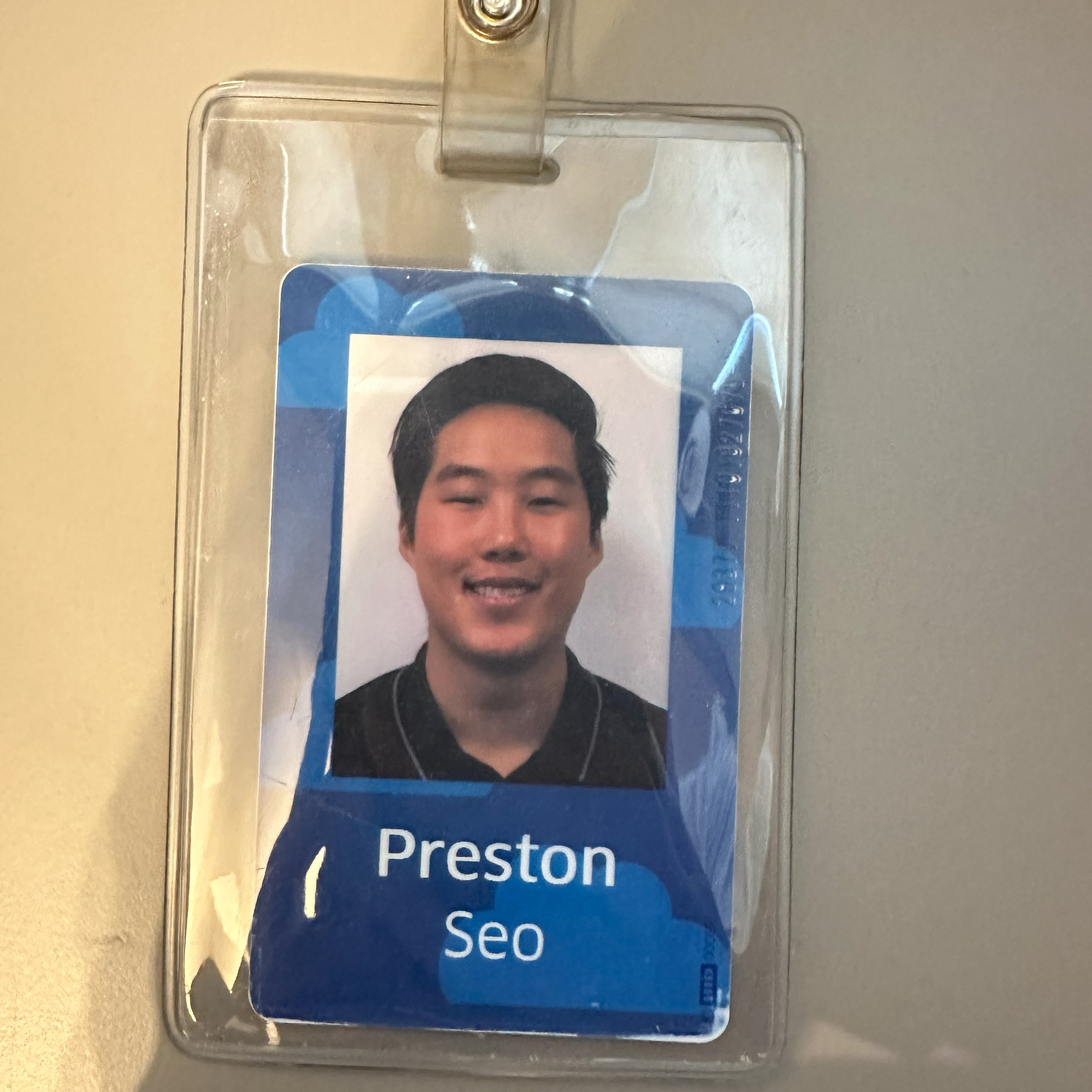 Preston Seo's corporate ID badge, photographed after he left the job
