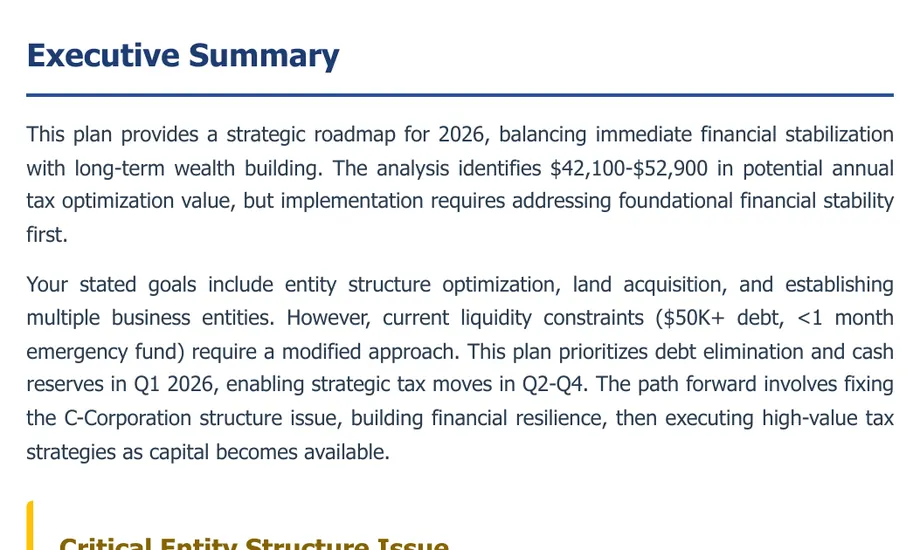 Legacy Wealth Blueprint wealth plan snapshot: Executive Summary page from a 2026 wealth strategy plan balancing debt elimination with tax optimization, stating $42,100-$52,900 in potential annual tax optimization value.