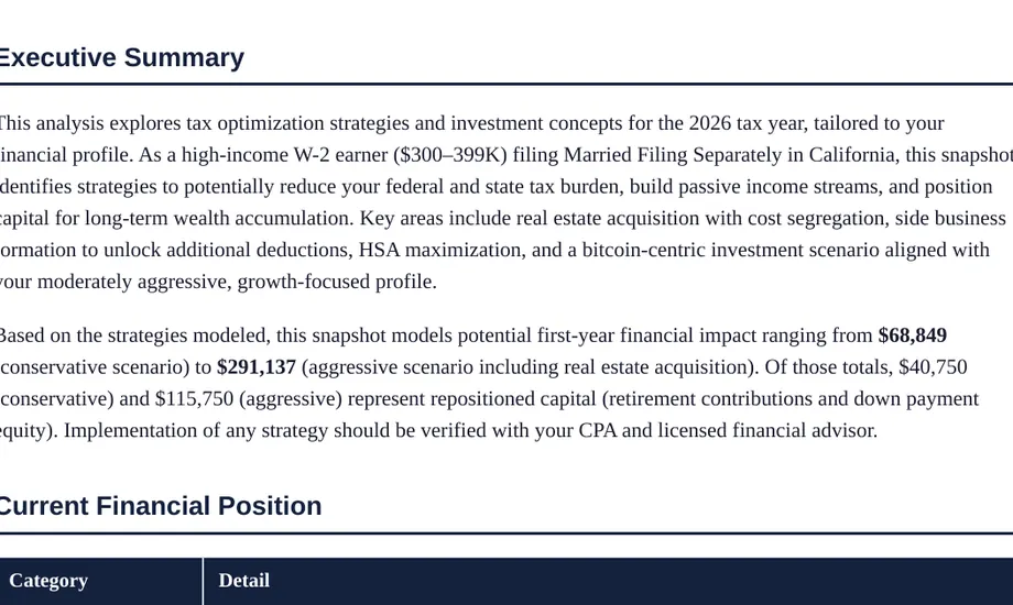 Legacy Wealth Blueprint wealth plan snapshot: Executive Summary for a high-income W-2 earner ($300-399K) filing Married Filing Separately in California, showing modeled first-year impact from $68,849 (conservative) to $291,137 (aggressive).