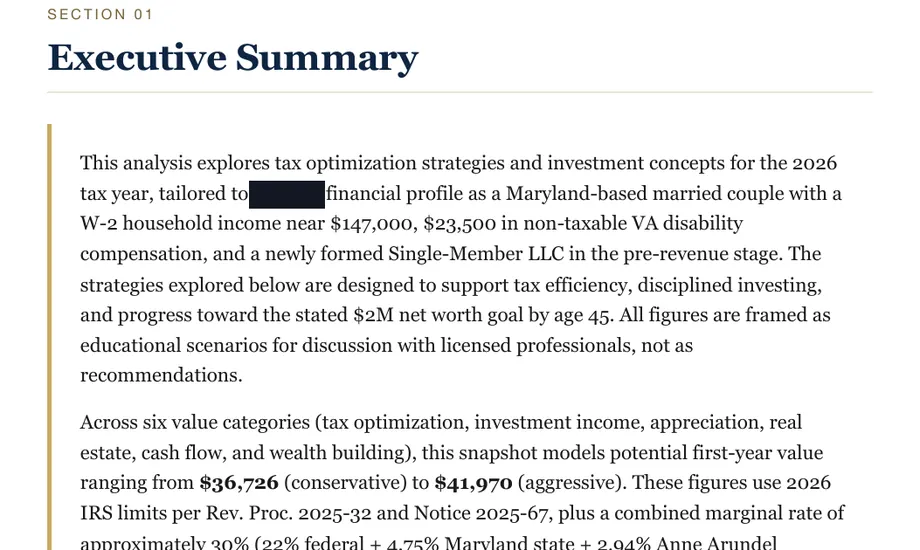 Legacy Wealth Blueprint wealth plan snapshot: Section 01 Executive Summary for a Maryland couple with the name redacted, showing W-2 household income near $147,000 and modeled first-year value of $36,726 to $41,970.