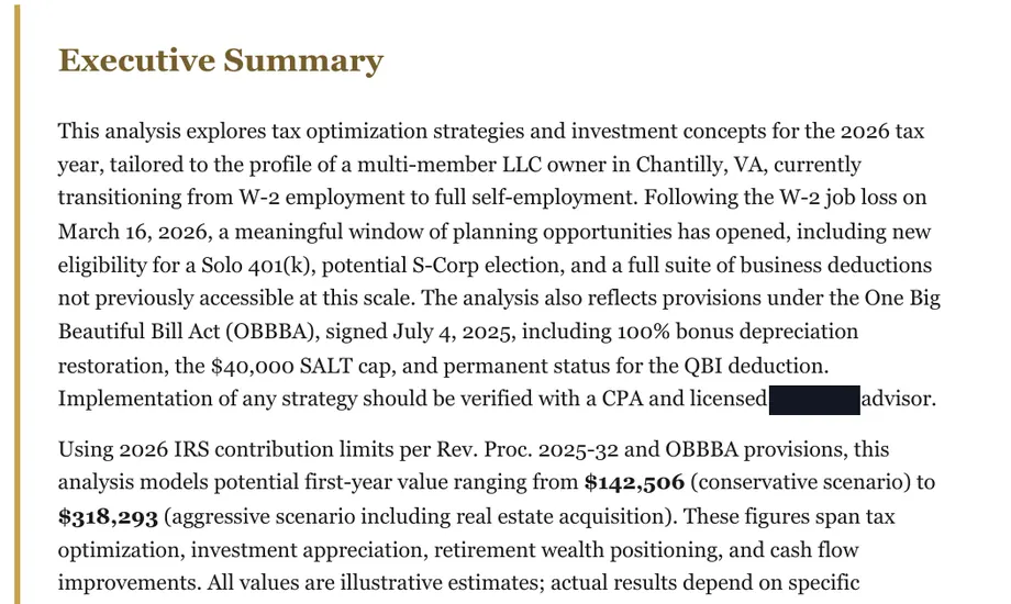 Legacy Wealth Blueprint wealth plan snapshot: Executive Summary for a multi-member LLC owner in Chantilly, Virginia transitioning to self-employment, showing modeled first-year value from $142,506 to $318,293.