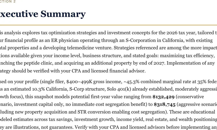Legacy Wealth Blueprint wealth plan snapshot: Executive Summary for an ER physician operating through an S-Corporation in California with rental properties, showing modeled first-year value from $132,429 to $318,745.