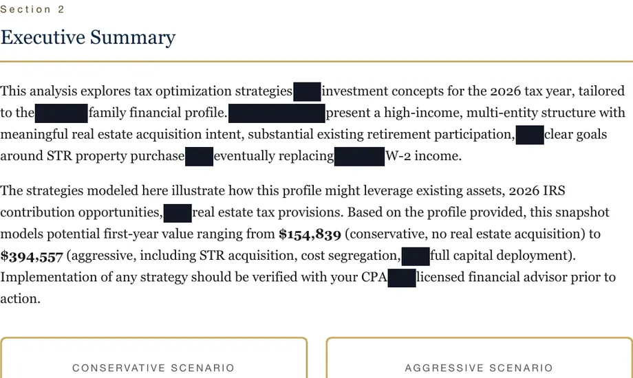 Legacy Wealth Blueprint wealth plan snapshot: Executive Summary with the family name and other details blacked out, showing modeled first-year value from $154,839 to $394,557.