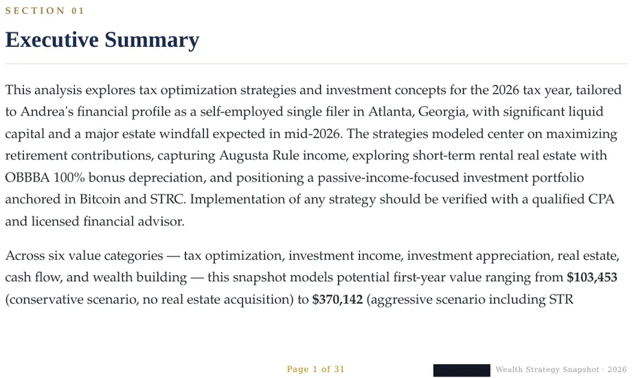 Legacy Wealth Blueprint wealth plan snapshot: Page 1 of 31, Section 01 Executive Summary for a self-employed single filer in Atlanta, Georgia, showing a modeled conservative first-year value of $103,453.