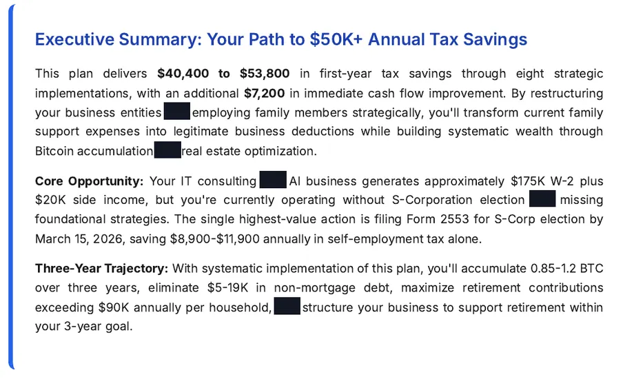 Legacy Wealth Blueprint wealth plan snapshot: Executive Summary titled 'Your Path to $50K+ Annual Tax Savings' for an IT consulting and AI business owner, stating $40,400 to $53,800 in first-year tax savings plus $7,200 in cash flow improvement.