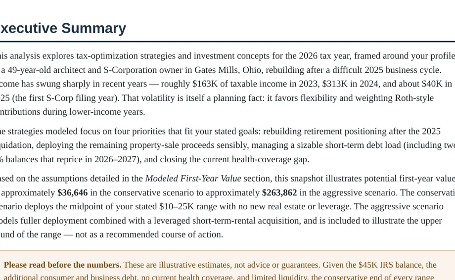 Legacy Wealth Blueprint wealth plan snapshot: Executive Summary for a 49-year-old architect and S-Corporation owner in Gates Mills, Ohio, showing modeled first-year value from about $36,646 to about $263,862.