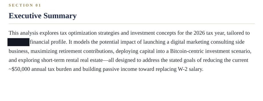 Legacy Wealth Blueprint wealth plan snapshot: Section 01 Executive Summary with the client name redacted, describing a digital marketing consulting side business and a goal of reducing a roughly $50,000 annual tax burden.
