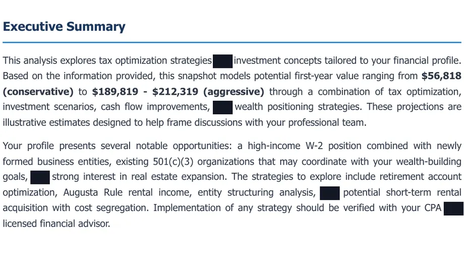Legacy Wealth Blueprint wealth plan snapshot: Executive Summary with some words redacted, showing modeled first-year value from $56,818 (conservative) to $189,819-$212,319 (aggressive).