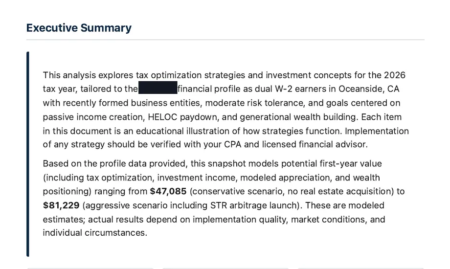 Legacy Wealth Blueprint wealth plan snapshot: Executive Summary with the household name redacted, for dual W-2 earners in Oceanside, California, showing modeled first-year value from $47,085 to $81,229.