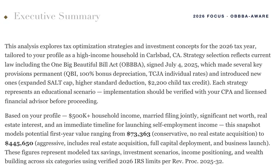 Legacy Wealth Blueprint wealth plan snapshot: Executive Summary labeled '2026 FOCUS - OBBBA-AWARE' for a high-income household in Carlsbad, California, showing modeled first-year value from $73,363 to $445,650.