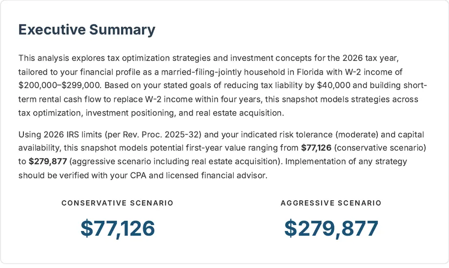 Legacy Wealth Blueprint wealth plan snapshot: Card-style Executive Summary for a married-filing-jointly household in Florida with W-2 income of $200,000-$299,000, displaying a conservative scenario of $77,126 and an aggressive scenario of $279,877 in large type.
