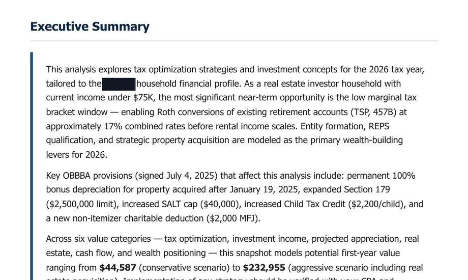 Legacy Wealth Blueprint wealth plan snapshot: Executive Summary with the household name redacted, for a real estate investor household with income under $75K, showing modeled first-year value from $44,587 to $232,955.