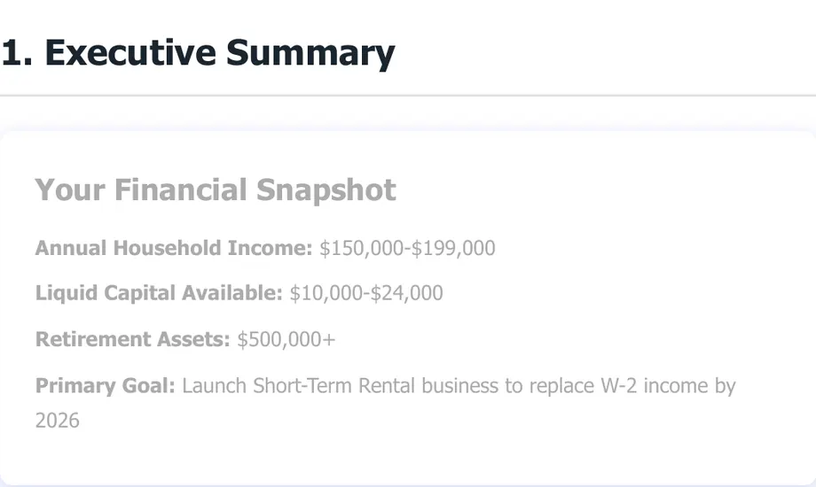 Legacy Wealth Blueprint wealth plan snapshot: Executive Summary with a 'Your Financial Snapshot' card showing annual household income $150,000-$199,000, liquid capital $10,000-$24,000, retirement assets $500,000+, and a goal of launching a short-term rental business to replace W-2 income by 2026.