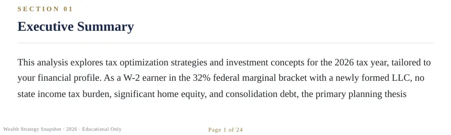 Legacy Wealth Blueprint wealth plan snapshot: Opening of an Executive Summary about a W-2 earner in the 32% federal bracket with a newly formed LLC, no state income tax, home equity and consolidation debt; the crop ends before any dollar figures.