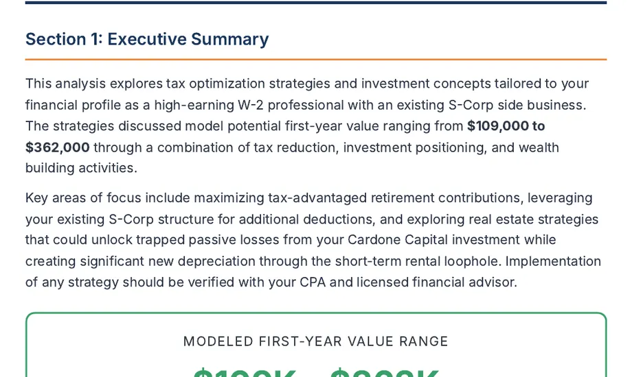 Legacy Wealth Blueprint wealth plan snapshot: Executive Summary for a high-earning W-2 professional with an S-Corp side business, stating a modeled first-year value range of $109,000 to $362,000.