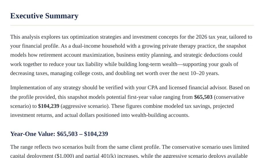 Legacy Wealth Blueprint wealth plan snapshot: Executive Summary for a dual-income household with a growing private therapy practice, stating a modeled year-one value range of $65,503 (conservative) to $104,239 (aggressive).