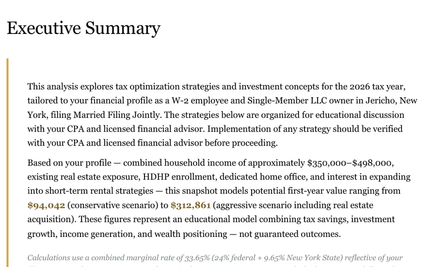 Legacy Wealth Blueprint wealth plan snapshot: Executive Summary for a W-2 employee and single-member LLC owner in Jericho, New York filing jointly, stating a modeled first-year value range of $94,042 to $312,861.