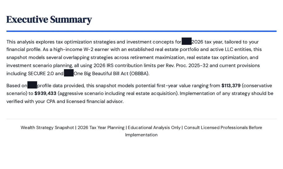 Legacy Wealth Blueprint wealth plan snapshot: Executive Summary for a high-income W-2 earner with a real estate portfolio and active LLC entities, name blacked out, stating a modeled first-year value range of $113,379 to $939,433.