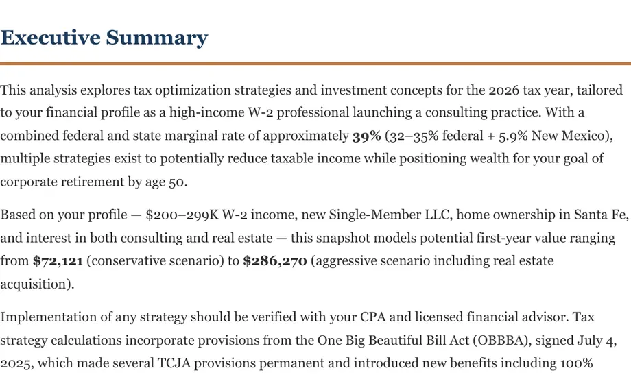 Legacy Wealth Blueprint wealth plan snapshot: Executive Summary for a high-income W-2 professional launching a consulting practice in Santa Fe, New Mexico, with a 39% combined marginal rate and a modeled first-year value range of $72,121 to $286,270.