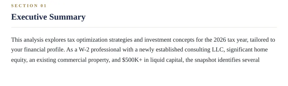 Legacy Wealth Blueprint wealth plan snapshot: Opening of an Executive Summary for a W-2 professional with a new consulting LLC, home equity, a commercial property and $500K+ in liquid capital; the crop ends before any value range.