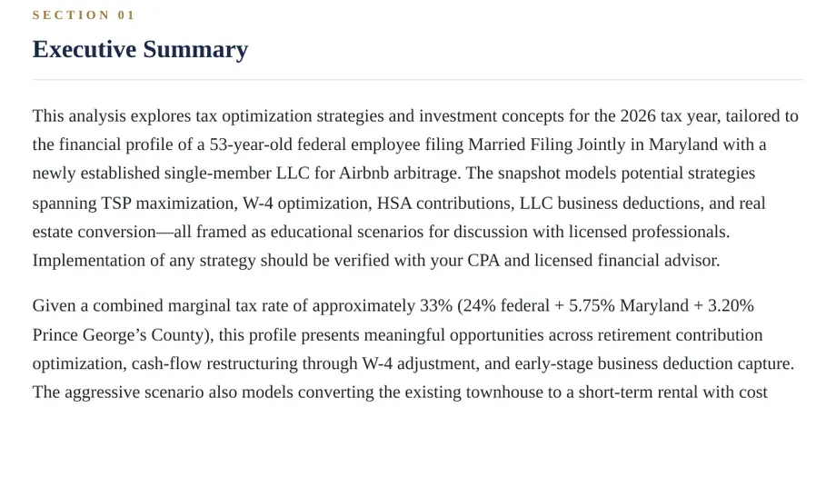 Legacy Wealth Blueprint wealth plan snapshot: Executive Summary for a 53-year-old federal employee filing jointly in Maryland with a new single-member LLC for Airbnb arbitrage, citing a combined marginal rate of about 33%; no value range in this crop.