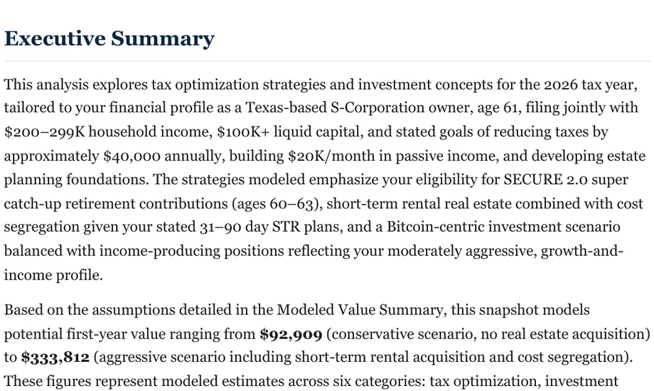 Legacy Wealth Blueprint wealth plan snapshot: Executive Summary for a 61-year-old Texas S-Corporation owner filing jointly, stating a modeled first-year value range of $92,909 to $333,812.