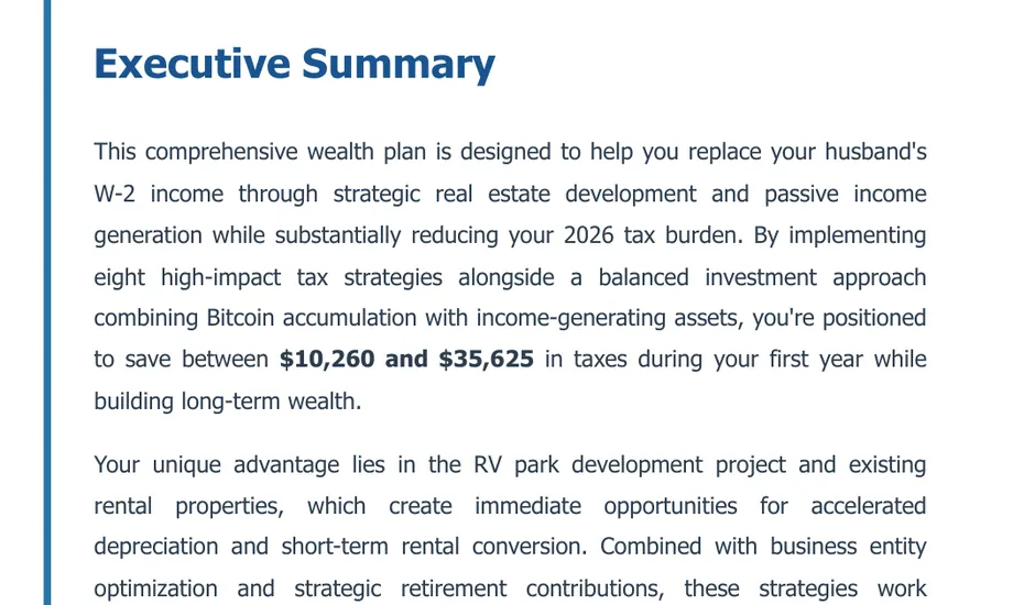 Legacy Wealth Blueprint wealth plan snapshot: Executive Summary for a plan to replace a spouse's W-2 income through an RV park development and existing rentals, stating projected first-year tax savings of $10,260 to $35,625.