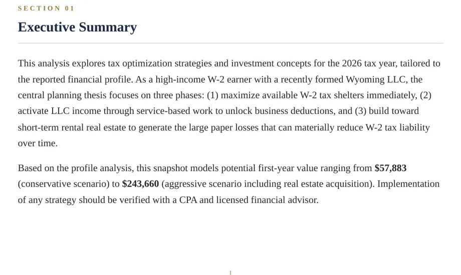 Legacy Wealth Blueprint wealth plan snapshot: Executive Summary for a high-income W-2 earner with a recently formed Wyoming LLC, stating a modeled first-year value range of $57,883 to $243,660.