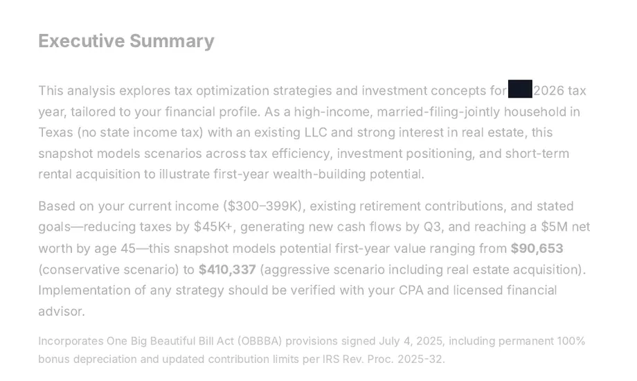 Legacy Wealth Blueprint wealth plan snapshot: Executive Summary for a high-income married-filing-jointly household in Texas with an existing LLC, name blacked out, stating a modeled first-year value range of $90,653 to $410,337.