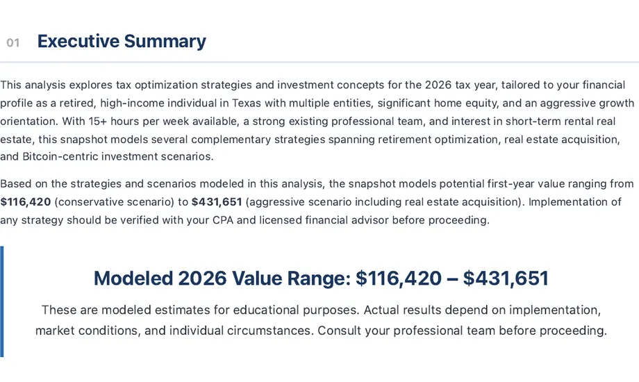 Legacy Wealth Blueprint wealth plan snapshot: Executive Summary for a retired high-income individual in Texas with multiple entities, with a highlighted box stating a modeled 2026 value range of $116,420 to $431,651.