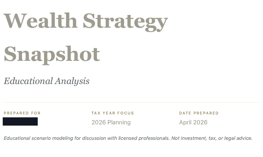 Legacy Wealth Blueprint wealth plan snapshot: Cover page of a Wealth Strategy Snapshot labeled 'Educational Analysis', with the 'Prepared For' name blacked out, tax year focus 2026 Planning, prepared April 2026.
