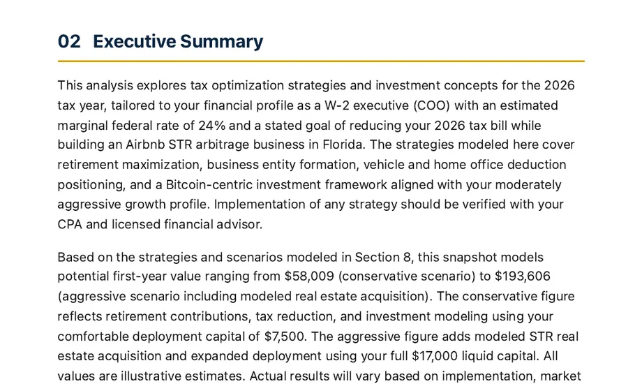 Legacy Wealth Blueprint wealth plan snapshot: Executive Summary for a W-2 executive at an estimated 24% marginal federal rate building an Airbnb arbitrage business in Florida, stating a modeled first-year value range of $58,009 to $193,606.
