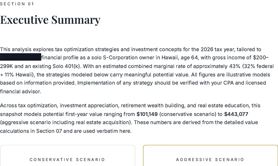 Legacy Wealth Blueprint wealth plan snapshot: Executive Summary for a 64-year-old solo S-Corporation owner in Hawaii, name blacked out, citing a combined marginal rate of about 43% and a modeled first-year value range of $101,149 to $443,077.