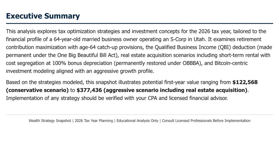 Legacy Wealth Blueprint wealth plan snapshot: Executive Summary for a 64-year-old married business owner running an S-Corp in Utah, stating a modeled first-year value range of $122,568 to $377,436.