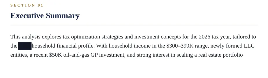 Legacy Wealth Blueprint wealth plan snapshot: Executive Summary describing 2026 tax optimization for a household with $300-399K income, LLC entities and a $50K oil-and-gas investment; the household name is blacked out.