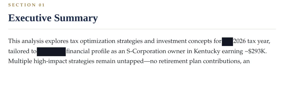 Legacy Wealth Blueprint wealth plan snapshot: Executive Summary for an S-Corporation owner in Kentucky earning about $293K for the 2026 tax year; the client name is blacked out.