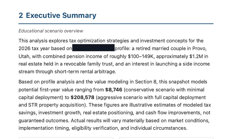 Legacy Wealth Blueprint wealth plan snapshot: Executive Summary for a retired married couple in Provo, Utah with about $1.2M in real estate, showing modeled first-year value from $8,746 to $208,578; the client name is blacked out.