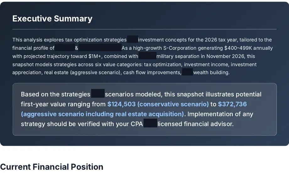 Legacy Wealth Blueprint wealth plan snapshot: Dark-navy Executive Summary for a high-growth S-Corporation generating $400-499K annually with a military separation in November 2026, showing modeled first-year value from $124,503 to $372,736; names blacked out.