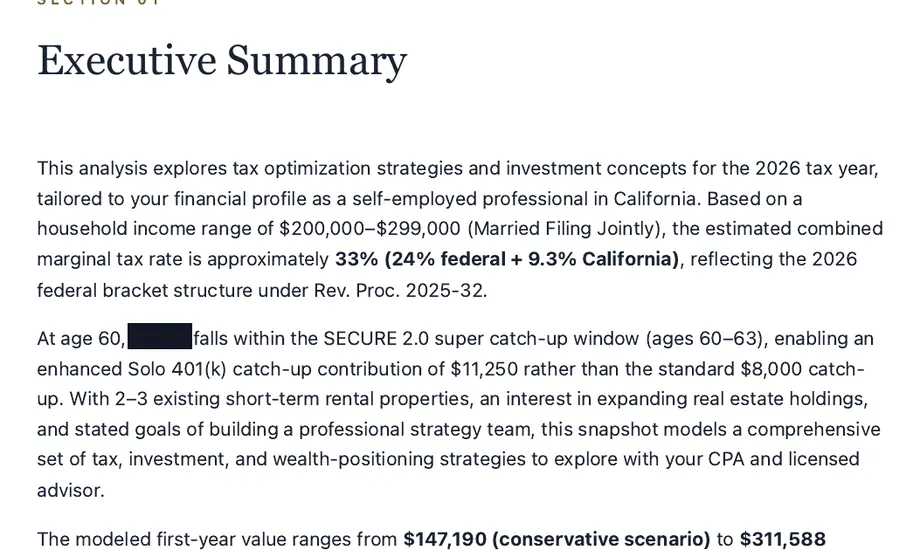Legacy Wealth Blueprint wealth plan snapshot: Executive Summary for a self-employed professional in California with $200,000-$299,000 household income at a 33% combined marginal rate, showing modeled first-year value from $147,190 to $311,588; name blacked out.
