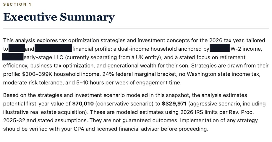 Legacy Wealth Blueprint wealth plan snapshot: Executive Summary for a dual-income household with $300-399K income in a 24% federal bracket and no Washington state income tax, showing modeled first-year value from $70,010 to $329,971; names blacked out.
