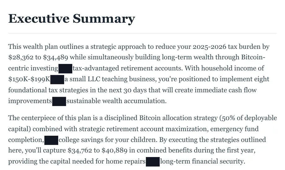 Legacy Wealth Blueprint wealth plan snapshot: Executive Summary describing a plan to cut the 2025-2026 tax burden by $28,362 to $34,489 for a household earning $150K-$199K with a small LLC teaching business; some words redacted.