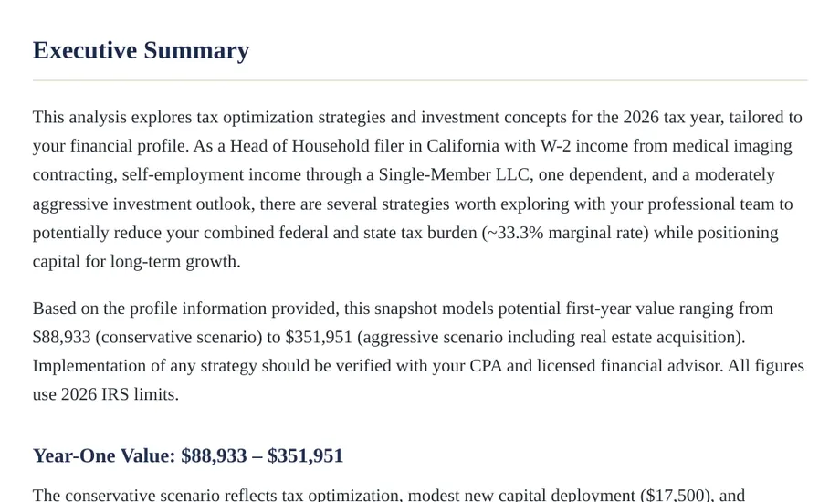 Legacy Wealth Blueprint wealth plan snapshot: Executive Summary for a Head of Household filer in California with W-2 medical imaging contracting income and a single-member LLC, showing a 33.3% marginal rate and modeled first-year value from $88,933 to $351,951.