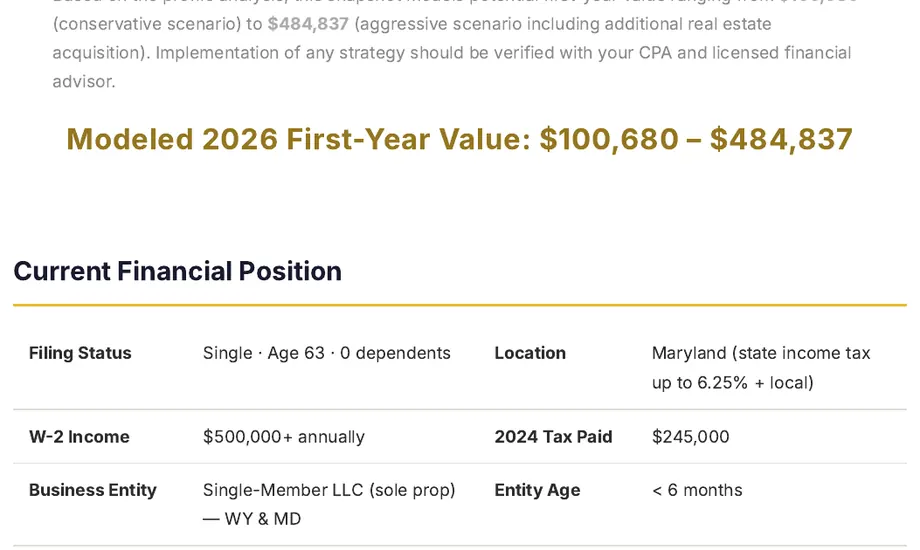 Legacy Wealth Blueprint wealth plan snapshot: Wealth snapshot excerpt showing a modeled 2026 first-year value of $100,680-$484,837 plus a Current Financial Position table for a single 63-year-old in Maryland with $500,000+ W-2 income and $245,000 in 2024 taxes paid.
