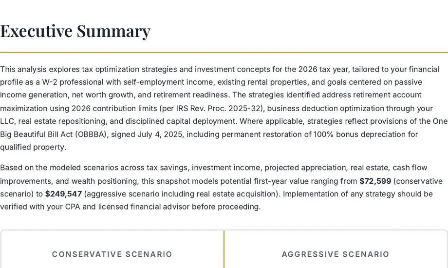 Legacy Wealth Blueprint wealth plan snapshot: Executive Summary referencing the One Big Beautiful Bill Act and 100% bonus depreciation, showing modeled first-year value from $72,599 to $249,547 for a W-2 professional with self-employment income and rentals.