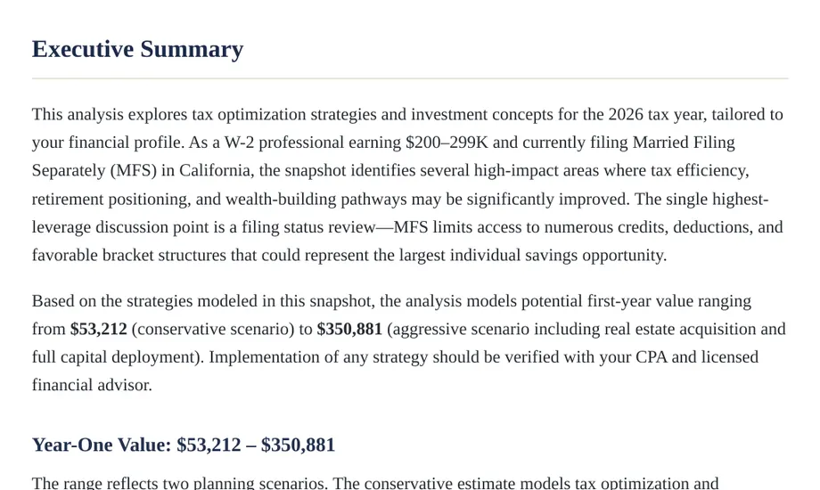 Legacy Wealth Blueprint wealth plan snapshot: Executive Summary for a W-2 professional earning $200-299K filing Married Filing Separately in California, showing modeled first-year value from $53,212 to $350,881.