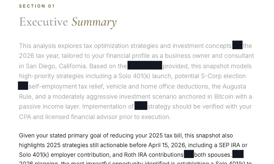 Legacy Wealth Blueprint wealth plan snapshot: Executive Summary for a business owner and consultant in San Diego, California covering a Solo 401(k), a possible S-Corp election and a Bitcoin-anchored investment scenario; several words blacked out.
