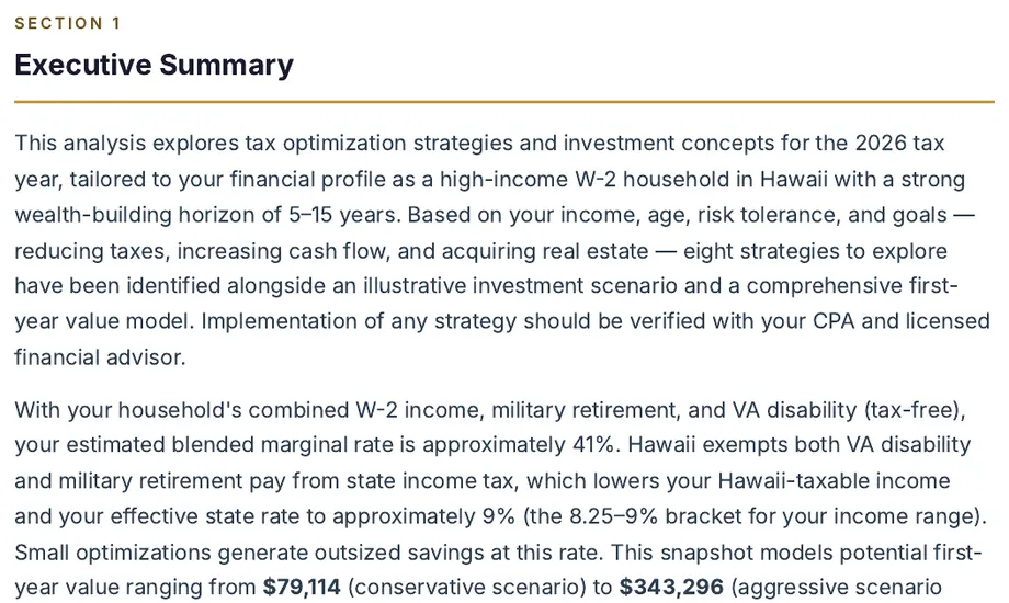 Legacy Wealth Blueprint wealth plan snapshot: Executive Summary for a high-income W-2 household in Hawaii with military retirement and tax-free VA disability income, showing a roughly 41% blended marginal rate and modeled first-year value from $79,114 to $343,296.