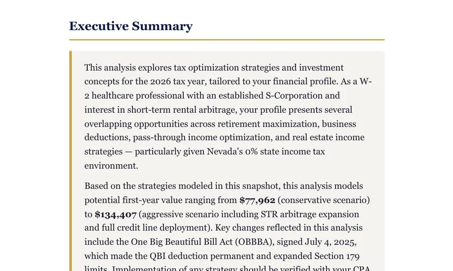 Legacy Wealth Blueprint wealth plan snapshot: Executive Summary describing tax optimization for a W-2 healthcare professional with an S-Corporation, modeling first-year value from $77,962 to $134,407.