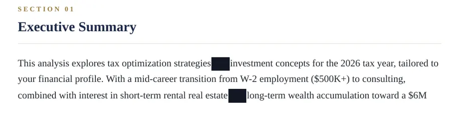 Legacy Wealth Blueprint wealth plan snapshot: Executive Summary describing a tax and investment plan for a household moving from $500K+ W-2 employment to consulting; a name is blacked out.