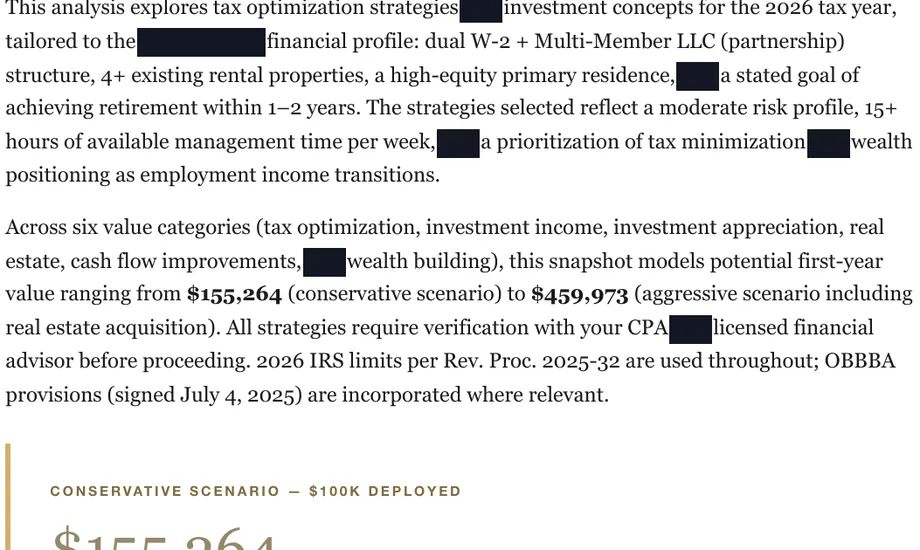 Legacy Wealth Blueprint wealth plan snapshot: Executive Summary for a dual W-2 plus multi-member LLC household, modeling first-year value from $155,264 to $459,973; several words blacked out.
